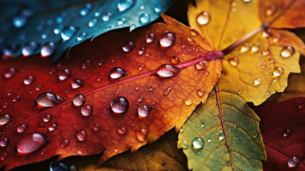 Macro shot of dewdrops on autumn leaves highlighting the texture and color variation Generative AI