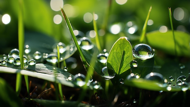 Macro Shot Dewdrops on Sunlit Green Grass