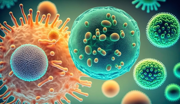 Макроснимок различных типов микробов Вирусные клетки и бактерии на абстрактном фоне Создано с помощью генеративного ИИ