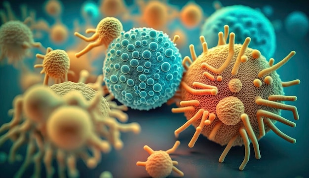 Macro shot of different types of microbes Virus cells and bacteria on abstract background