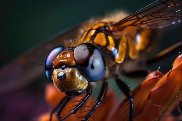 A macro shot of a dragonfly with delicate transparent wings on a flower generative ai