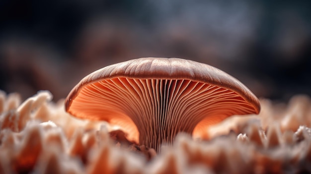 Macro shot emphasizing the texture and color of a mushroom cap Generative AI