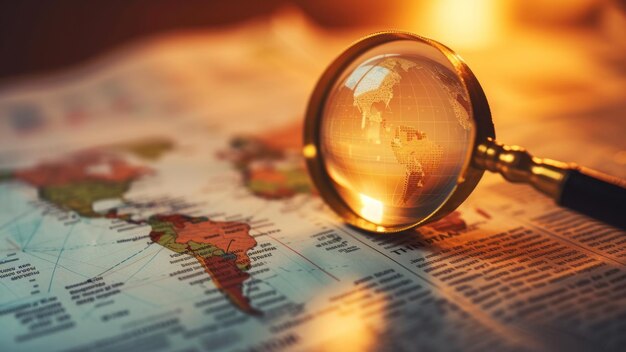 Macro shot of a financial newspaper highlighting global economic growth trends with a magnifying glass focusing on key areas