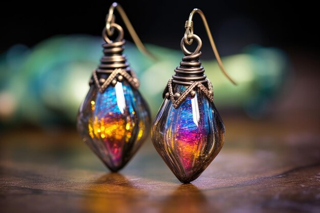 Macro shot of finished intricate glass earrings created with generative ai