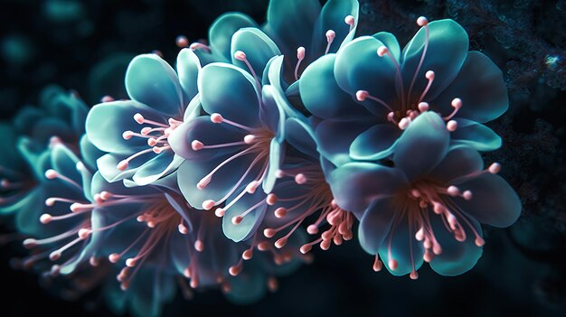 A macro shot of a flower in the middle of a black background