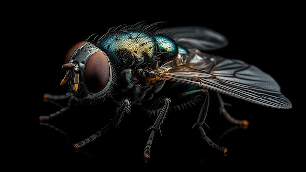 Макроснимок мухи, изолированной на черном фоне, с обтравочным контуром ai