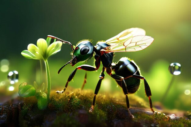 a macro shot of a fly with a flower in the background