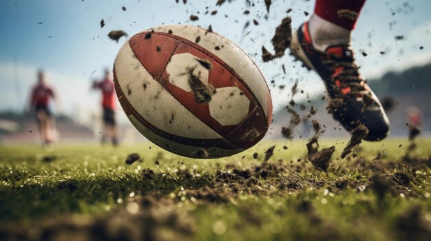 Photo macro shot of football being kicked with power