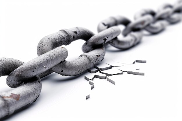 Photo macro shot of a fractured chain link on a white background implying broken security or escape