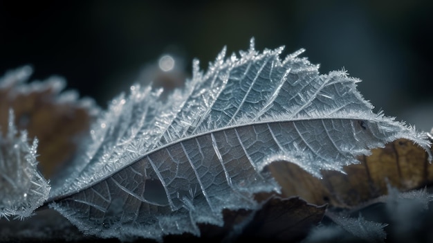 Macro Shot Of Frost Crystals On A Delicate Leaf