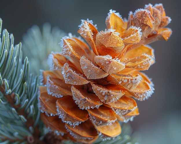 Macro shot of frost on a pine cone