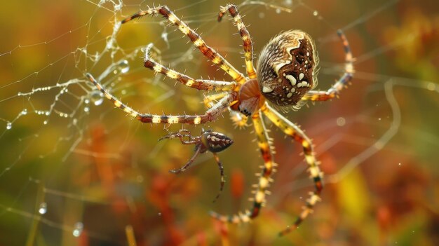 A macro shot of a garden spider capturing prey in its sticky web demonstrating the efficiency of its hunting strategy in the natural world