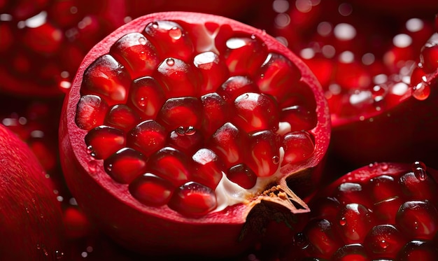 Macro shot of a glistening pomegranate showcasing its vibrant red hue and water droplets Ideal for health nutrition and gourmet food advertisements Created with generative AI tools
