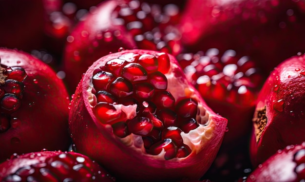 Foto immagine macro di un melograno luccicante che mostra la sua vivace tonalità rossa e le gocce d'acqua ideale per la nutrizione sanitaria e le pubblicità di alimenti gourmet creato con strumenti generativi di ai