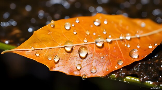 Photo macro shot of a glistening wet autumn leaf with droplets