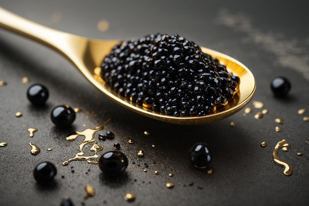 Macro Shot Golden Spoon with Black Caviar on Concrete