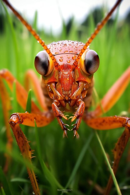 Macro shot of a grasshopper in the meadow