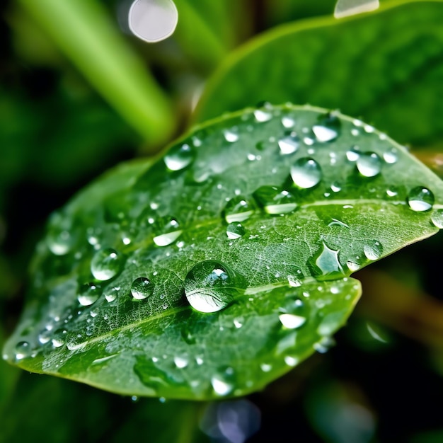 Макро выстрел из зеленых листьев с каплями воды росы или дождя падают на них Зеленый лист природный лес