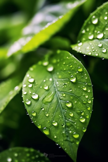 Макро выстрел из зеленых листьев с каплями воды росы или дождя падают на них Зеленый лист природный лес
