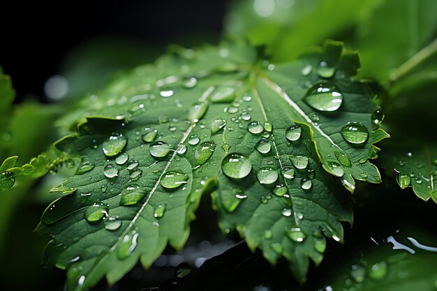 Macro shot of green leaves with water droplets dew or rain drop on them Green leaf nature forest