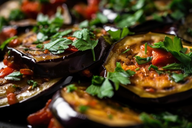 Macro shot of grilled eggplant slices topped with a spoonful of ratatouille