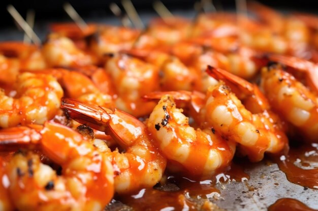 Macro shot of grilled shrimp with sauce droplets visible