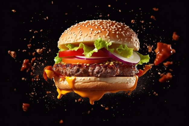 黒いスタジオの背景に浮かぶハンバーガーのマクロ撮影