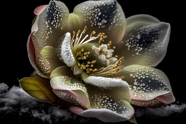 Macro shot of hellebore flower with petals covered in snow