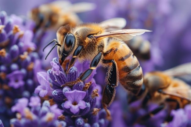 Macro shot of honeybees diligently pollinating a field of blooming lavender in a picturesque apiary
