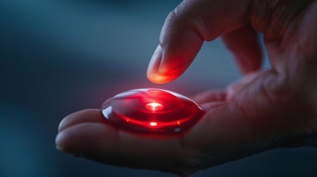 인간 손이 전자색 장치의 작은 버튼을 누르면서 급속한 전기를 발사하는 거대한 입니다.
