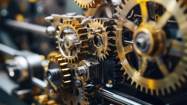 Macro shot of interlocking gears and cogs inside a machine showcasing precision engineering