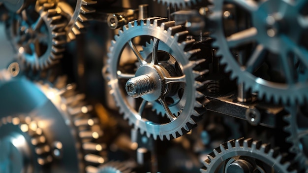 Macro shot of interlocking gears and cogs inside a machine showcasing precision engineering