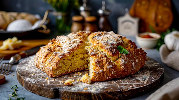 Photo macro shot of irish soda bread with ingredients and utensils in background shot with 50mm f110 lens food photography style created with generative ai technology