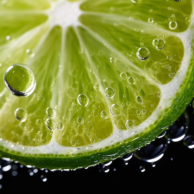 A macro shot of a juicy lime slice immersed in bubbly liquid