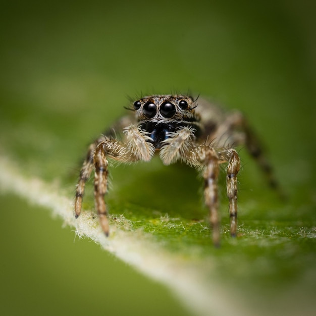 Macro shot of a jumping spider on a leaf