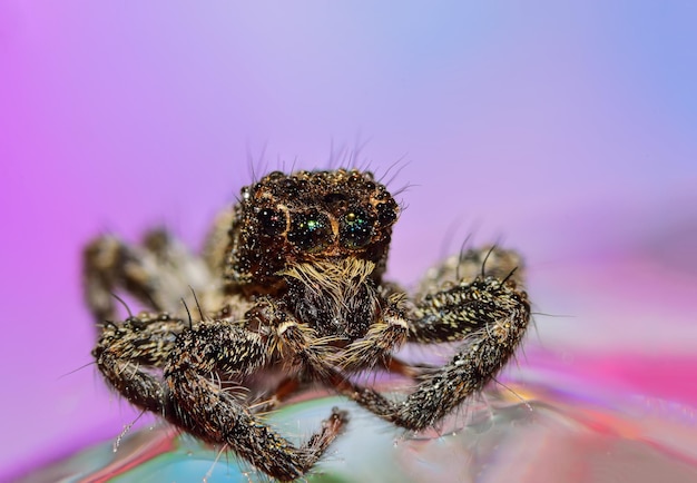 Macro shot of jumping spider on water against pink background