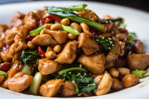 Macro shot of Kung Pao Chicken stirfried with Sichuan peppercorns giving it a unique