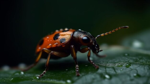 雨の中で葉の上のてんとう虫のマクロ撮影生成ai