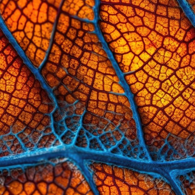 A macro shot of a leaf with a blue background