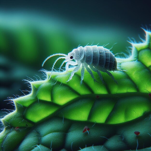 Photo a macro shot of a louse perched on a vibrant green leaf its tiny le