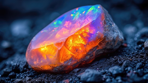 Macro shot of a luminous opal gemstone on dark background