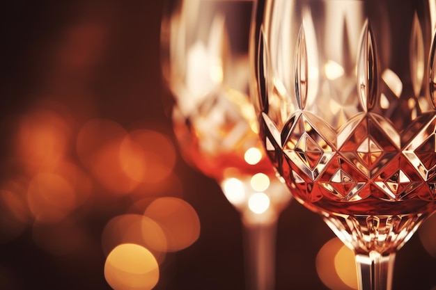 Макроснимок роскошного винтажного хрустального бокала для красного вина с праздничным сияющим боке, рождественские праздники