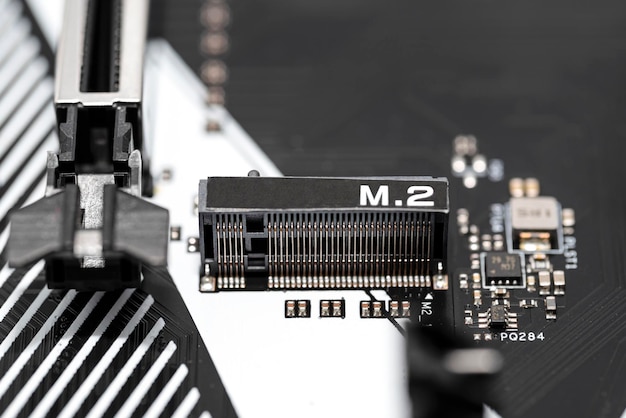 The macro shot of the m2 connector for internally mounted computer expansion cards