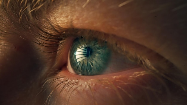 Macro shot of man's eye Young man working on computer Concentrated look