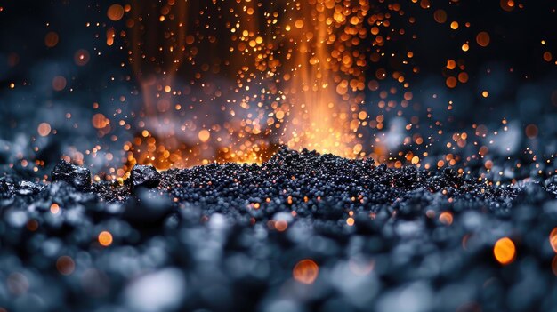 Photo macro shot of metal powder particles being sprayed onto a surface for 3d printing futuristic technology