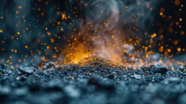 Macro shot of metal powder particles being sprayed onto a surface for 3D printing futuristic technology