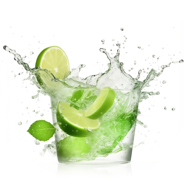 Macro shot of a mojito cocktail glass splash isolated on white background