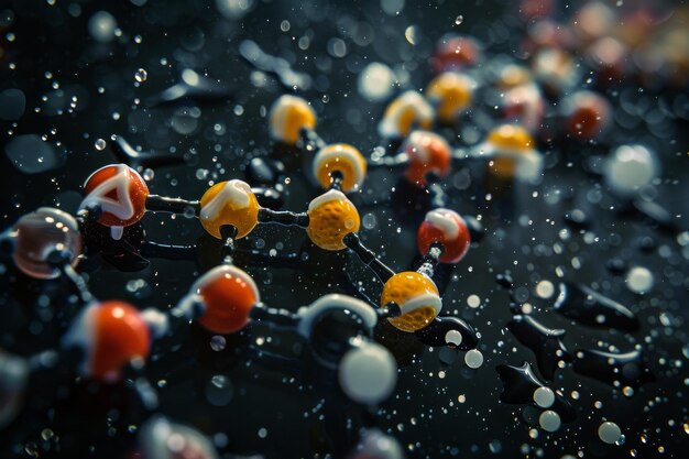 Macro shot of a molecular structure with water droplets and dark background