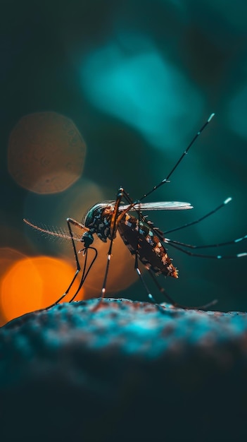 Photo a macro shot of a mosquito with detailed wing patterns standing on a surface with a moody blue bokeh background