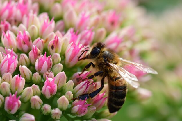 Фото Макрофото пчелы, опыляющей цветок седума